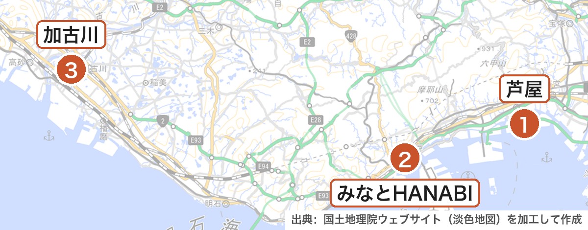 兵庫県の主な花火大会の位置を示した地図